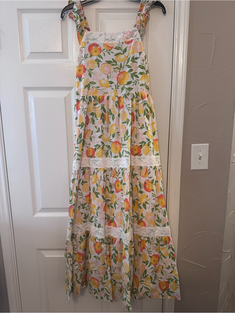 Rachel Zoe White Floral Fruit Maxi Dress with Yellow & Orange Print